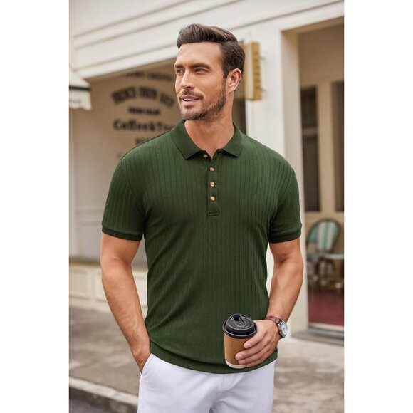 🆕Men Dark Green Polyester Polo Shirt Slim Fit Casual Workout Short Sleeve - Picture 4 of 6